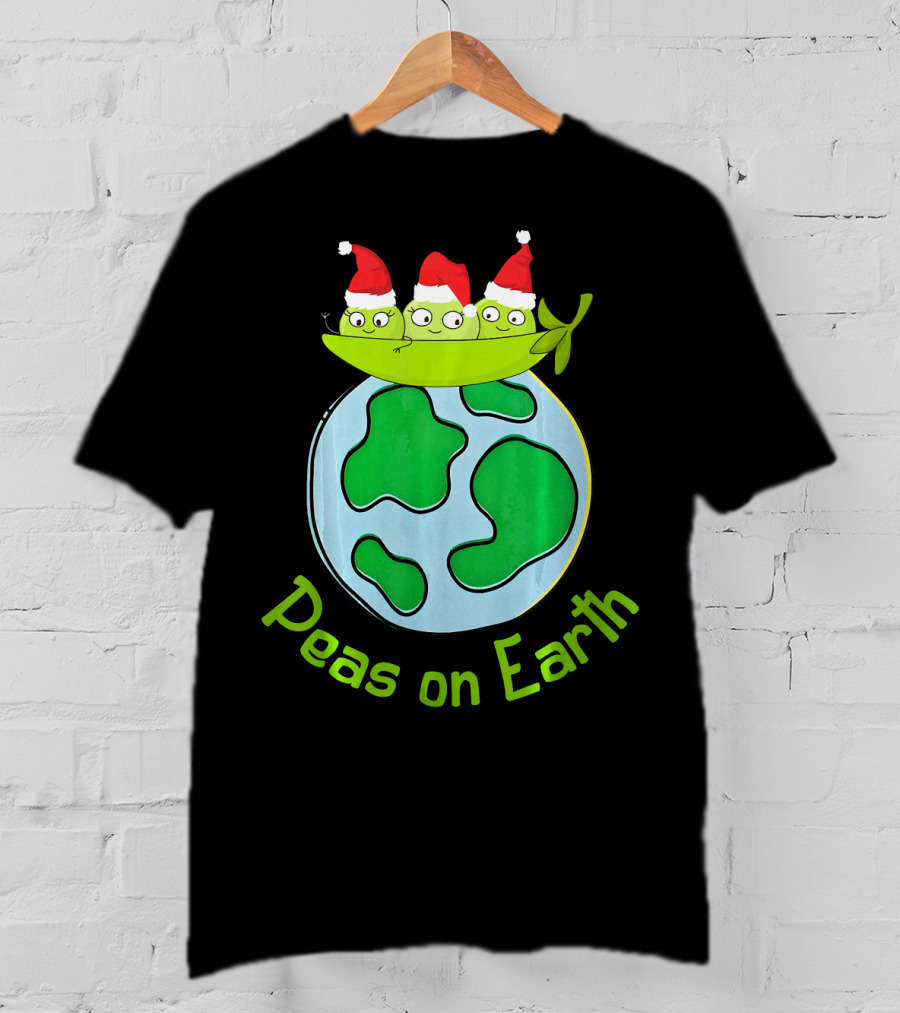 Christmas Peas On Earth With Santa Hat Vegetables On Globe T-Shirt