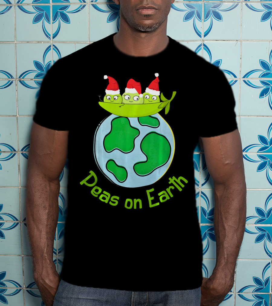 Christmas Peas On Earth With Santa Hat Vegetables On Globe T-Shirt