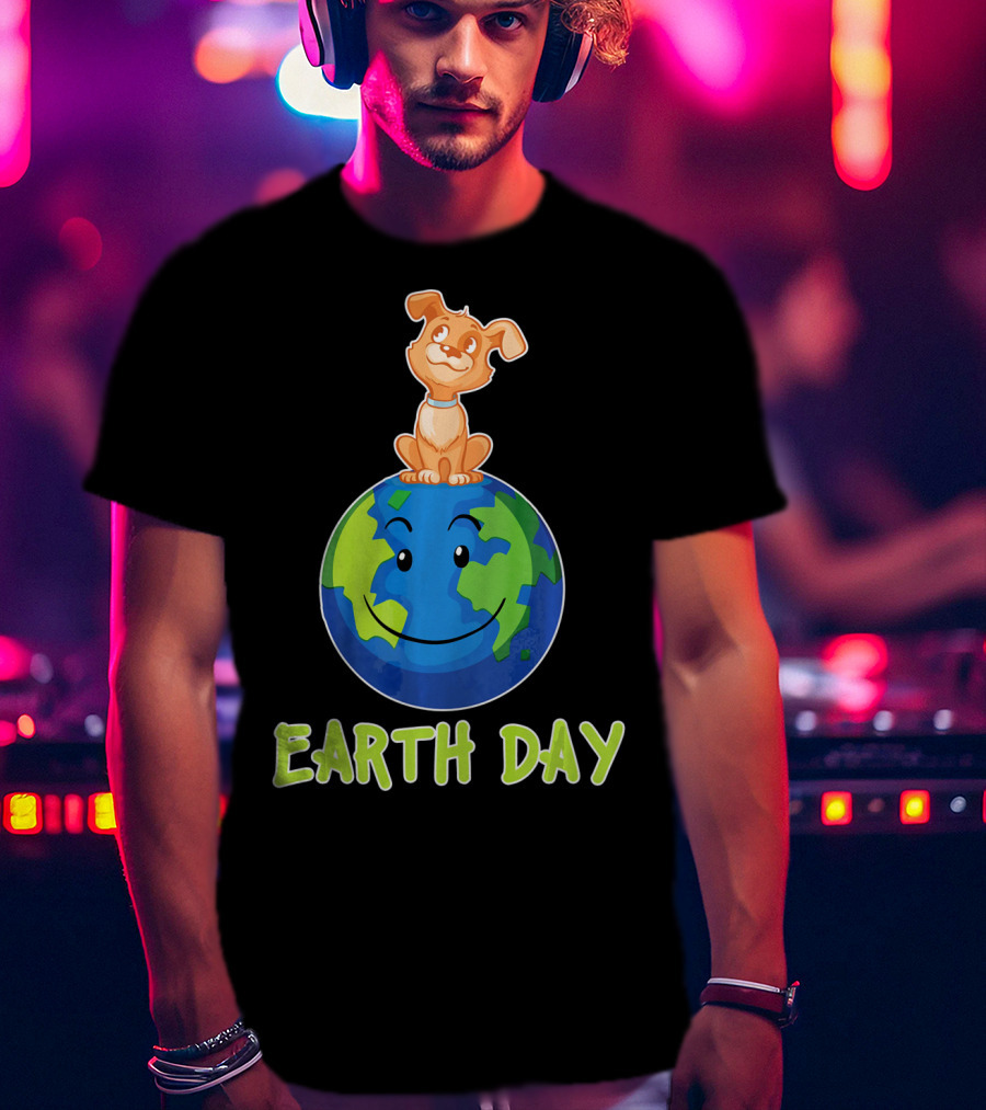 Earth Day Dog On Smiling Planet Earth T-Shirt