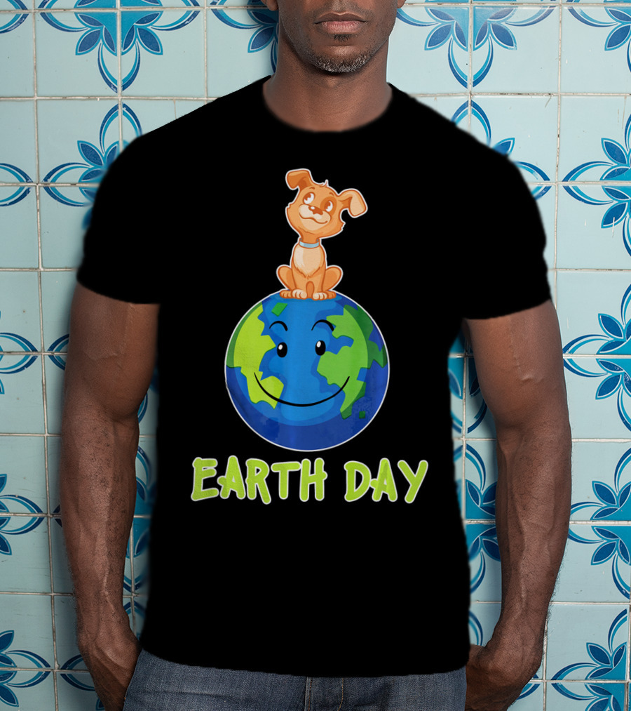Earth Day Dog On Smiling Planet Earth T-Shirt