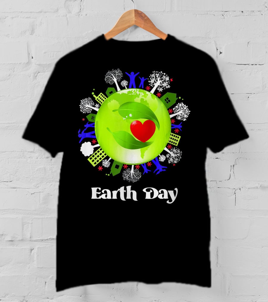 Earth Day Planet Earth Love With Leaf And Heart T-Shirt