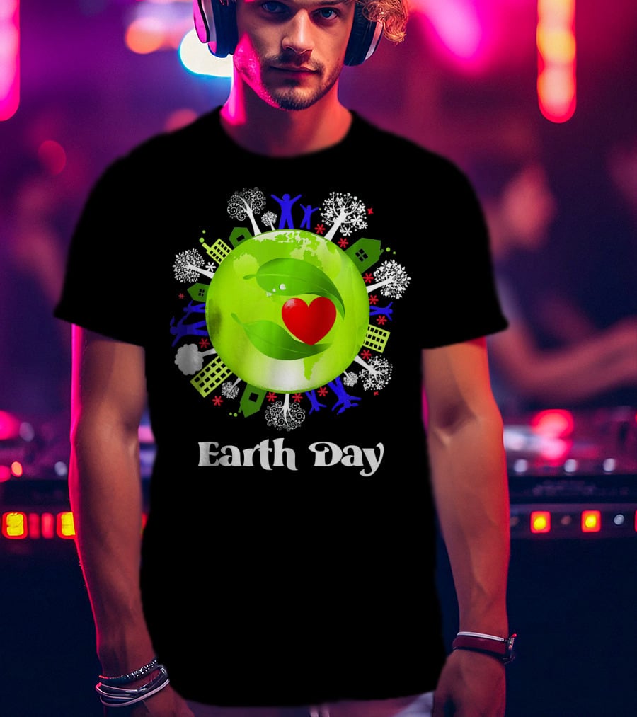 Earth Day Planet Earth Love With Leaf And Heart T-Shirt