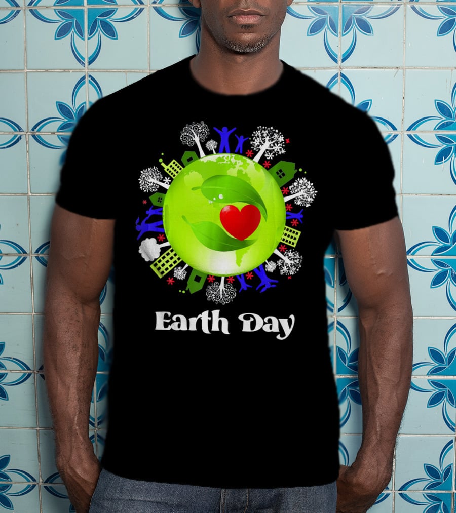 Earth Day Planet Earth Love With Leaf And Heart T-Shirt