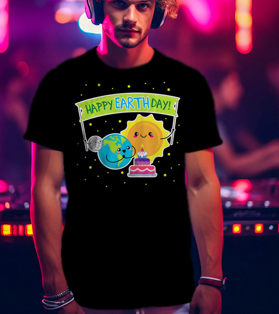 Happy Earth Day Cute Earth Sun Moon Cake T-Shirt