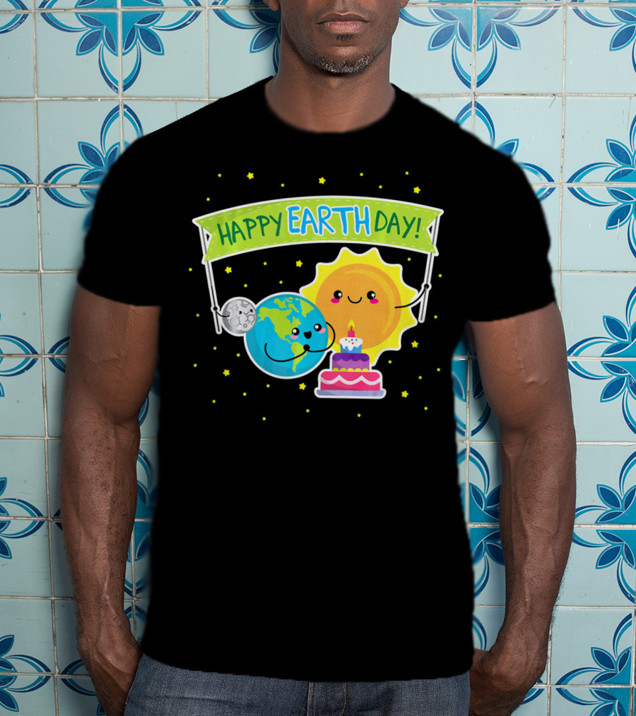 Happy Earth Day Cute Earth Sun Moon Cake T-Shirt
