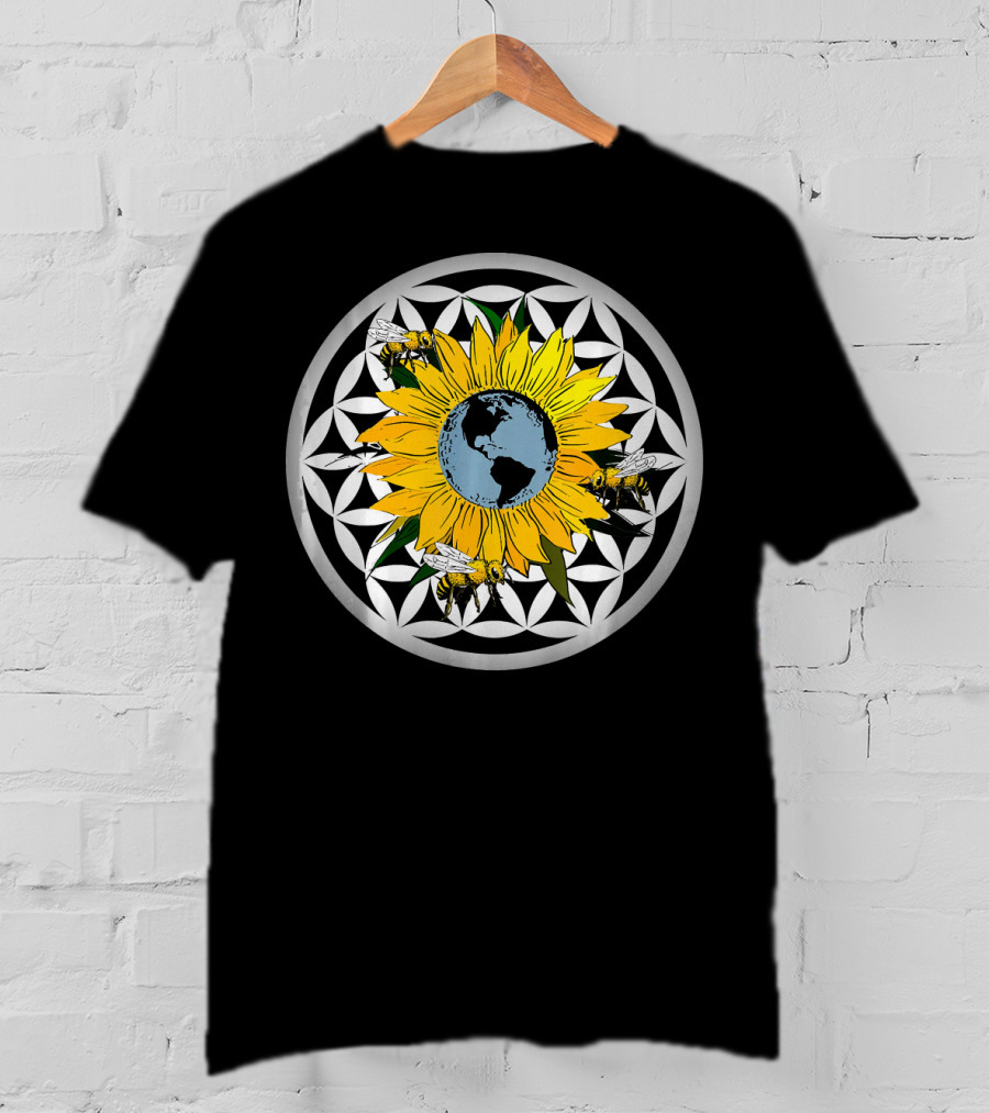 Sunflower Earth With Flower Of Life And Bees T-Shirt
