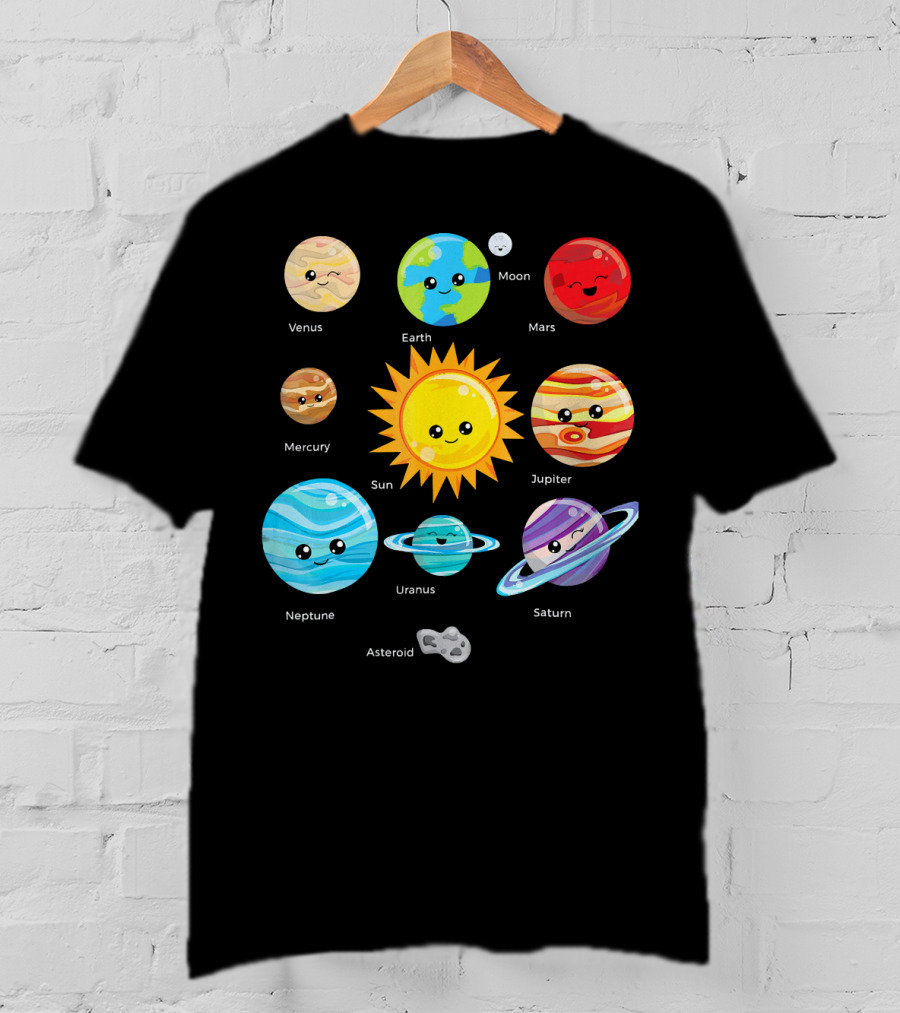 Solar System Planets Earth Moon Sun Venus Mars Mercury Jupiter Neptune Uranus Saturn Asteroid Cartoon T-Shirt