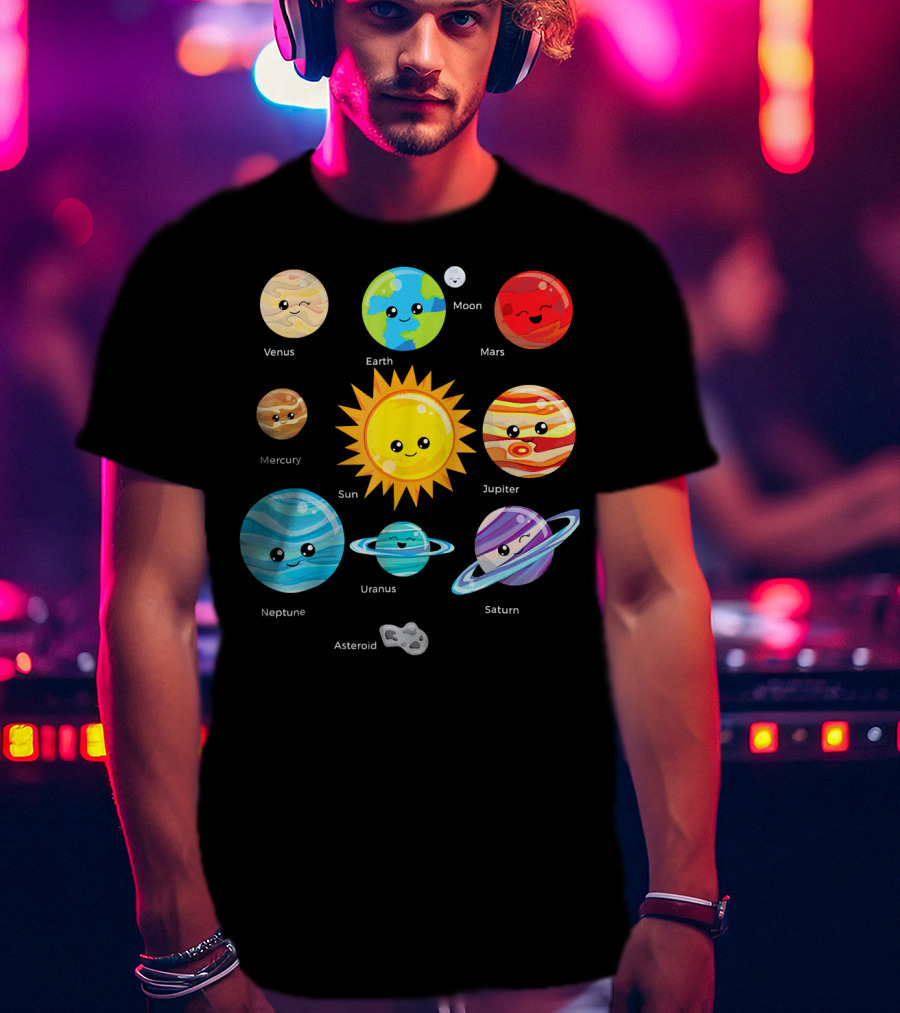 Solar System Planets Earth Moon Sun Venus Mars Mercury Jupiter Neptune Uranus Saturn Asteroid Cartoon T-Shirt