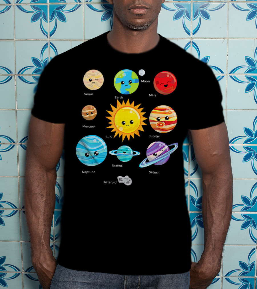 Solar System Planets Earth Moon Sun Venus Mars Mercury Jupiter Neptune Uranus Saturn Asteroid Cartoon T-Shirt