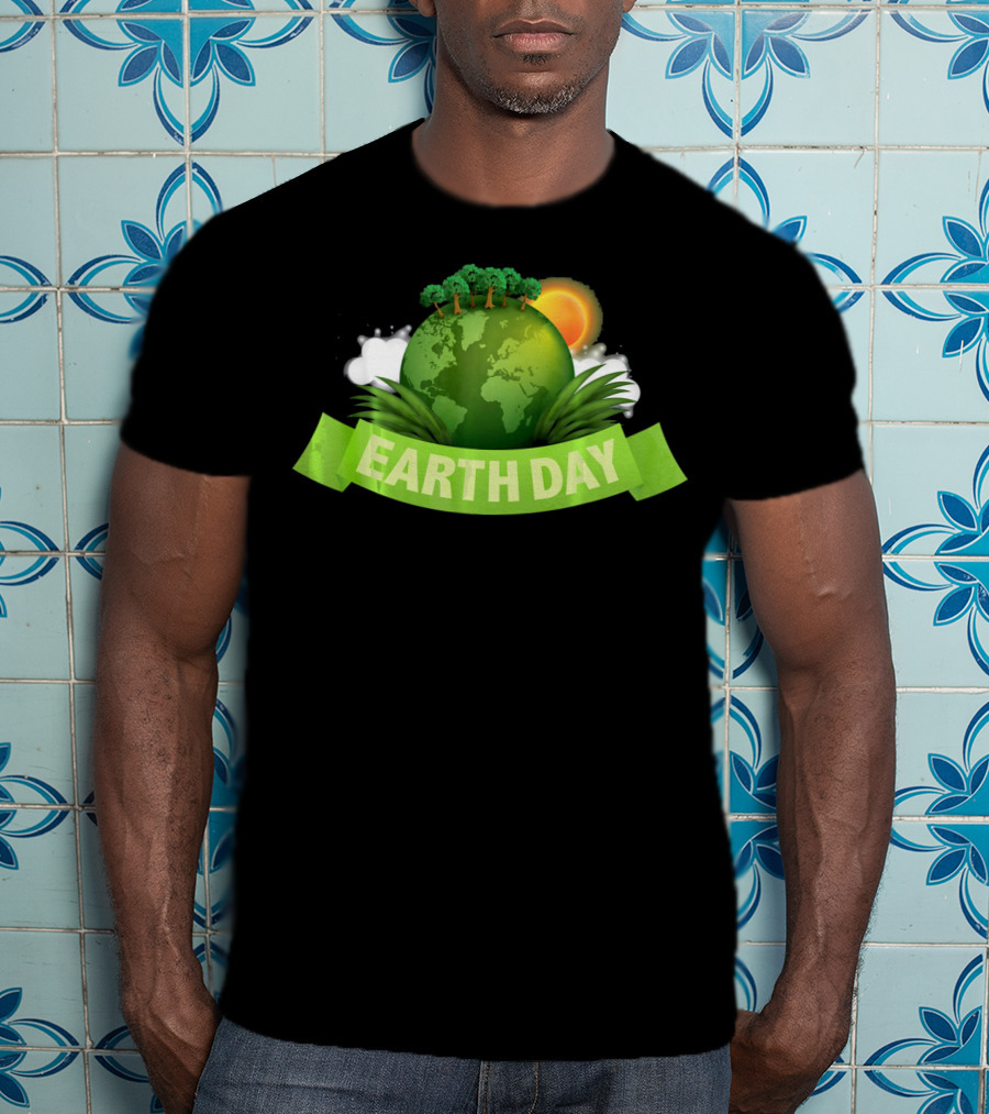 Happy Earth Day Globe With Green Banner And Sun T-Shirt