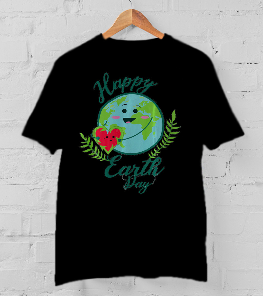 Happy Earth Day Smiling Planet With Heart And Leaves T-Shirt