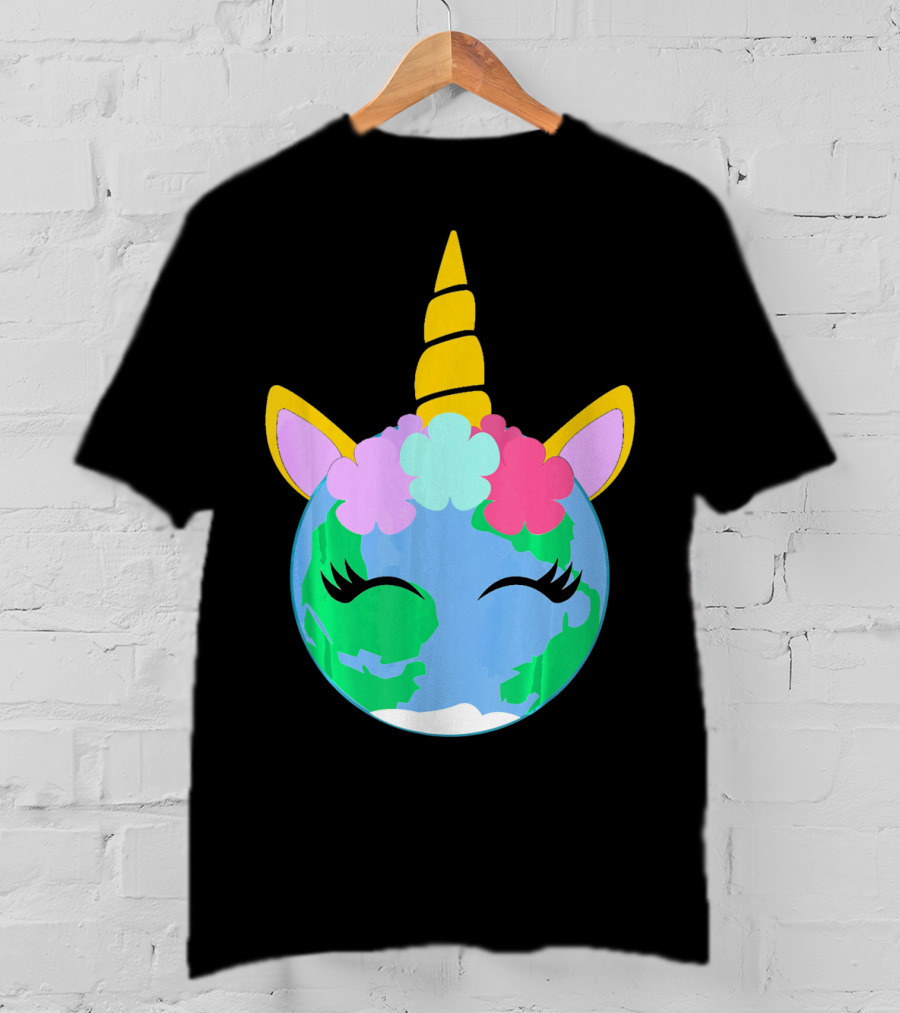 Unicorn Earth Cute Unicorn Face Earth With Flowers And Horn T-Shirt