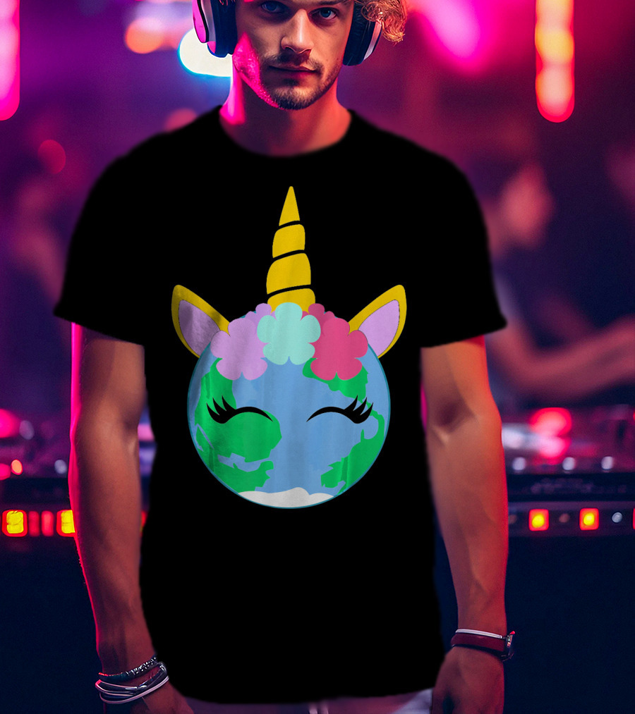 Unicorn Earth Cute Unicorn Face Earth With Flowers And Horn T-Shirt