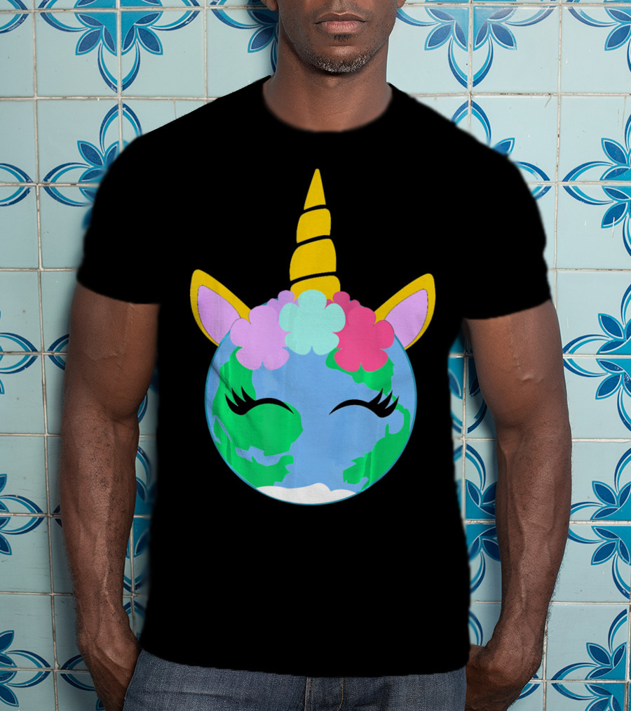 Unicorn Earth Cute Unicorn Face Earth With Flowers And Horn T-Shirt