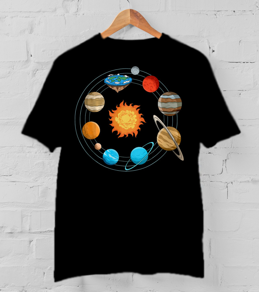 Flat Earth Joke Flat Earthers Solar System With Planets Orbiting Earth As A Disk T-Shirt