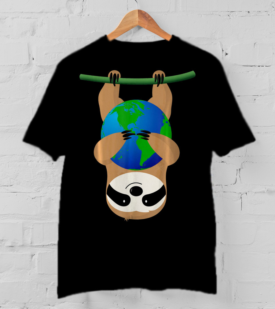 Earth Day Love The Earth Hanging Sloth Hugging Globe T-Shirt