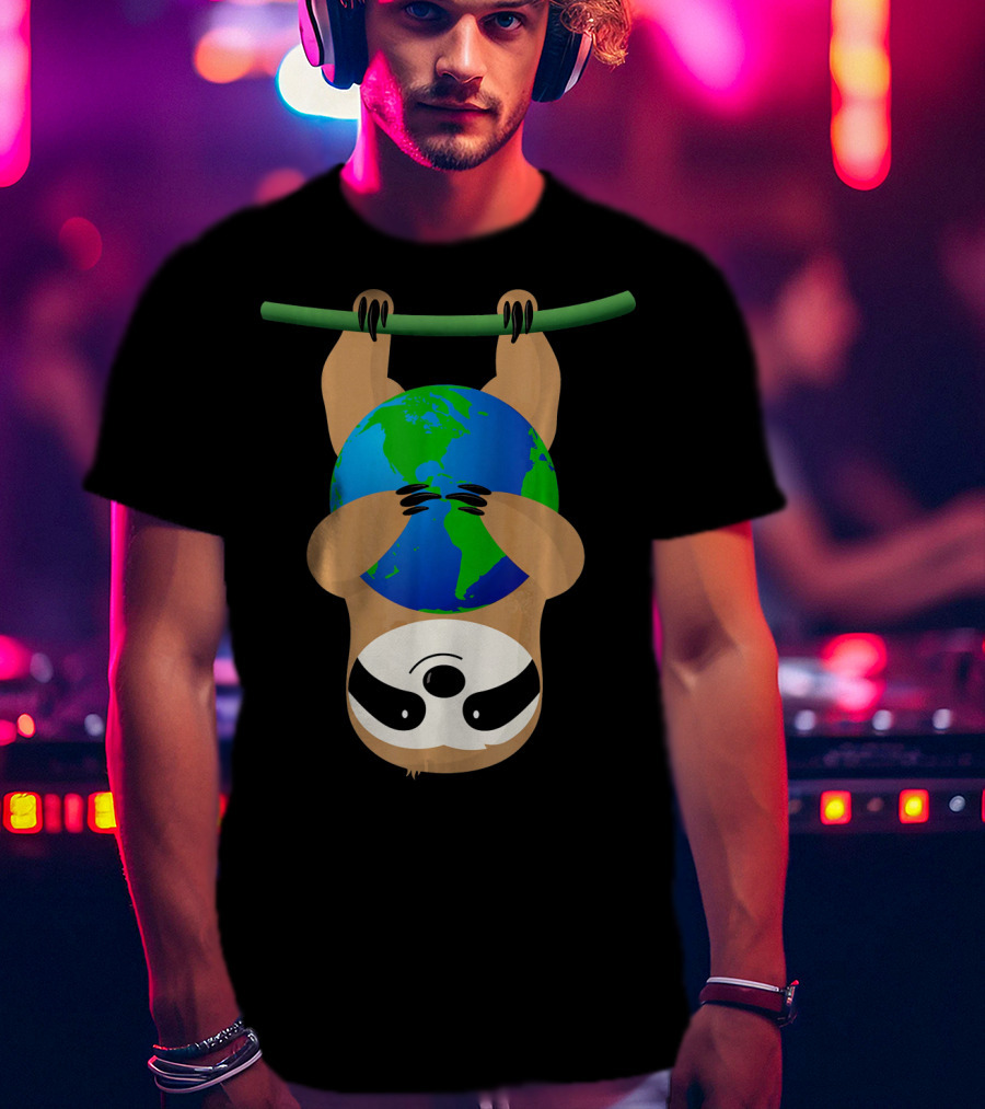 Earth Day Love The Earth Hanging Sloth Hugging Globe T-Shirt