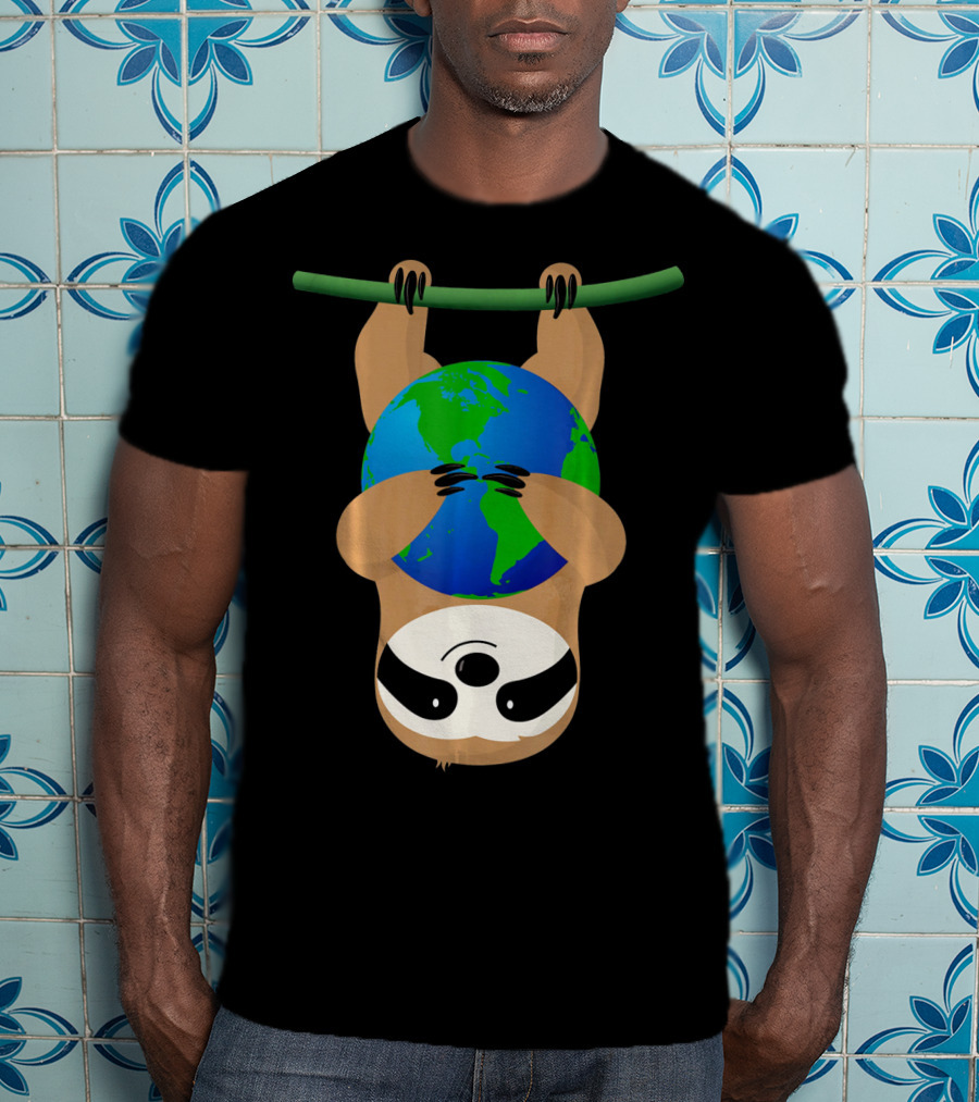 Earth Day Love The Earth Hanging Sloth Hugging Globe T-Shirt