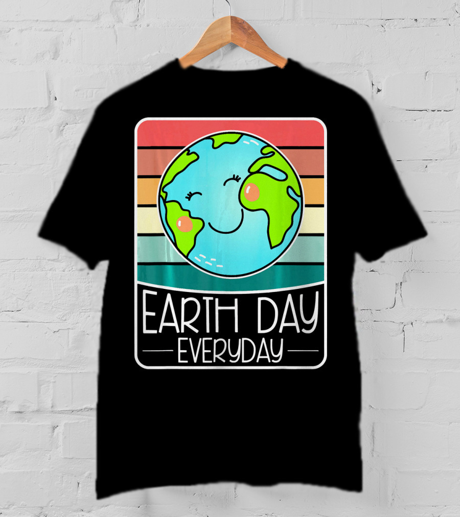 Earth Day Everyday Smiling Earth On Retro Stripes T-Shirt