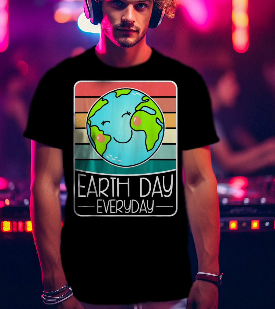 Earth Day Everyday Smiling Earth On Retro Stripes T-Shirt