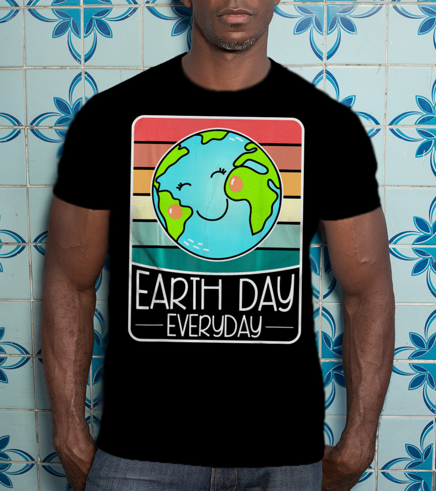 Earth Day Everyday Smiling Earth On Retro Stripes T-Shirt