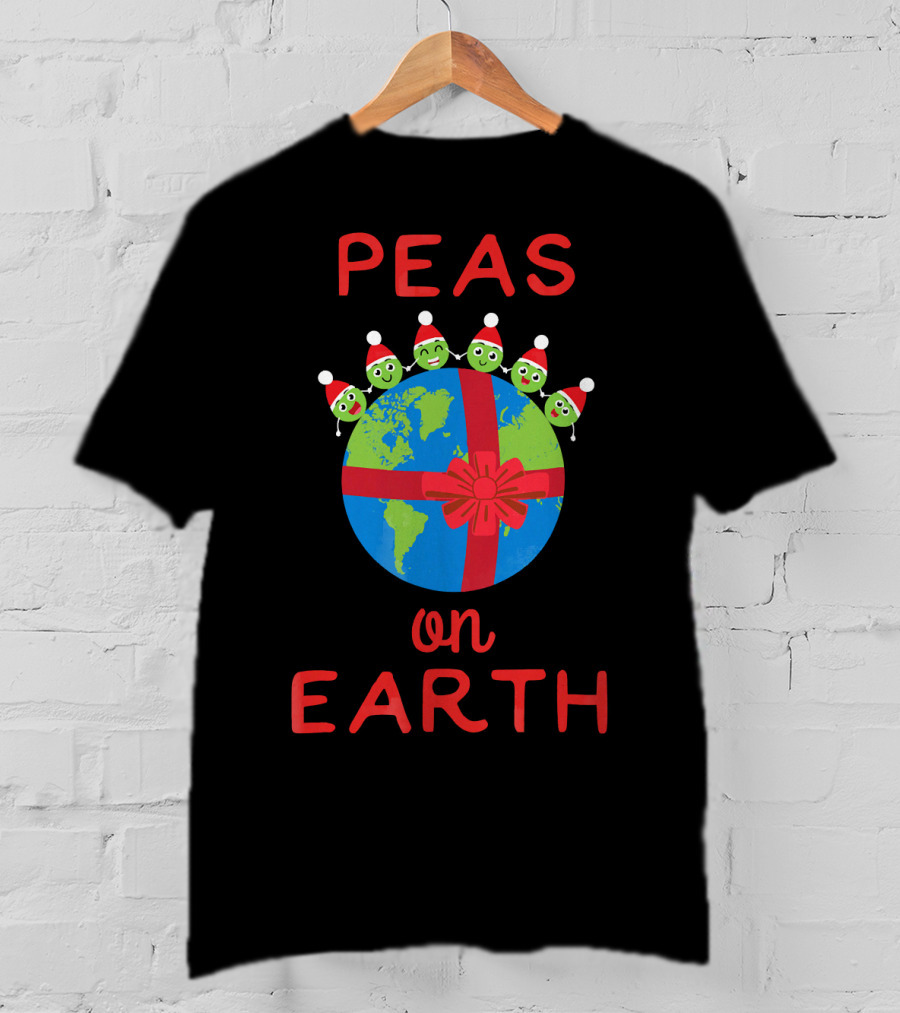 Peas On Earth World Peace Vegetables Santa Hat Planet Gift Bow T-Shirt