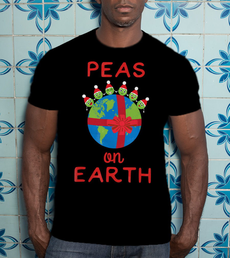 Peas On Earth World Peace Vegetables Santa Hat Planet Gift Bow T-Shirt