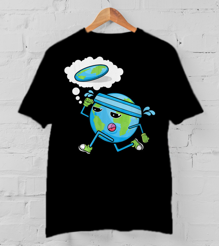 Flat Earth Gym Runner Cartoon With Sweatband And Sneakers T-Shirt