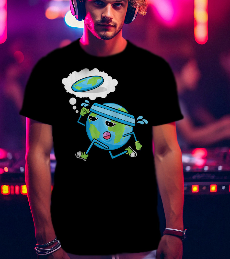 Flat Earth Gym Runner Cartoon With Sweatband And Sneakers T-Shirt