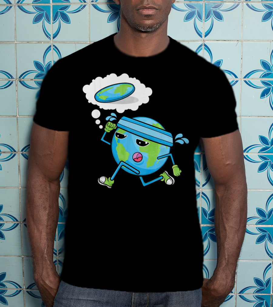 Flat Earth Gym Runner Cartoon With Sweatband And Sneakers T-Shirt