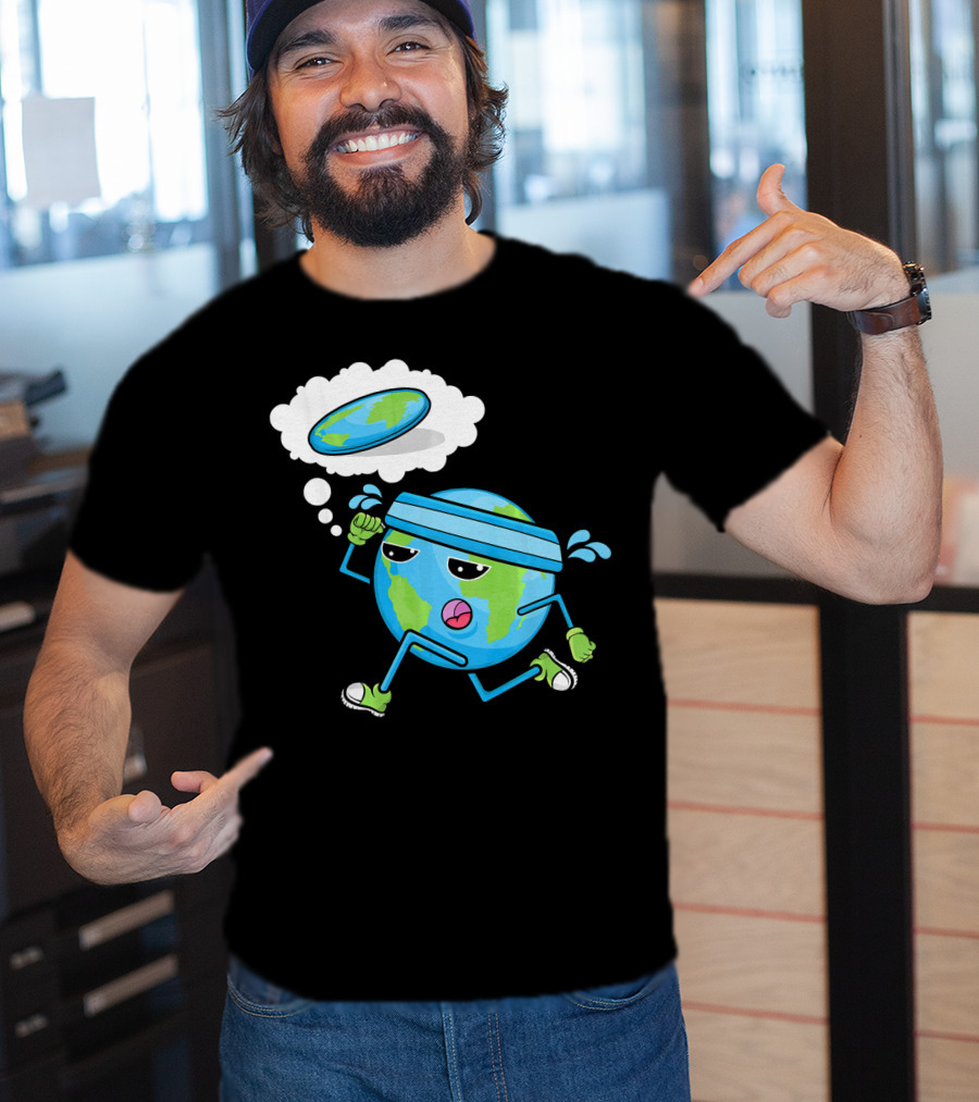 Flat Earth Gym Runner Cartoon With Sweatband And Sneakers T-Shirt