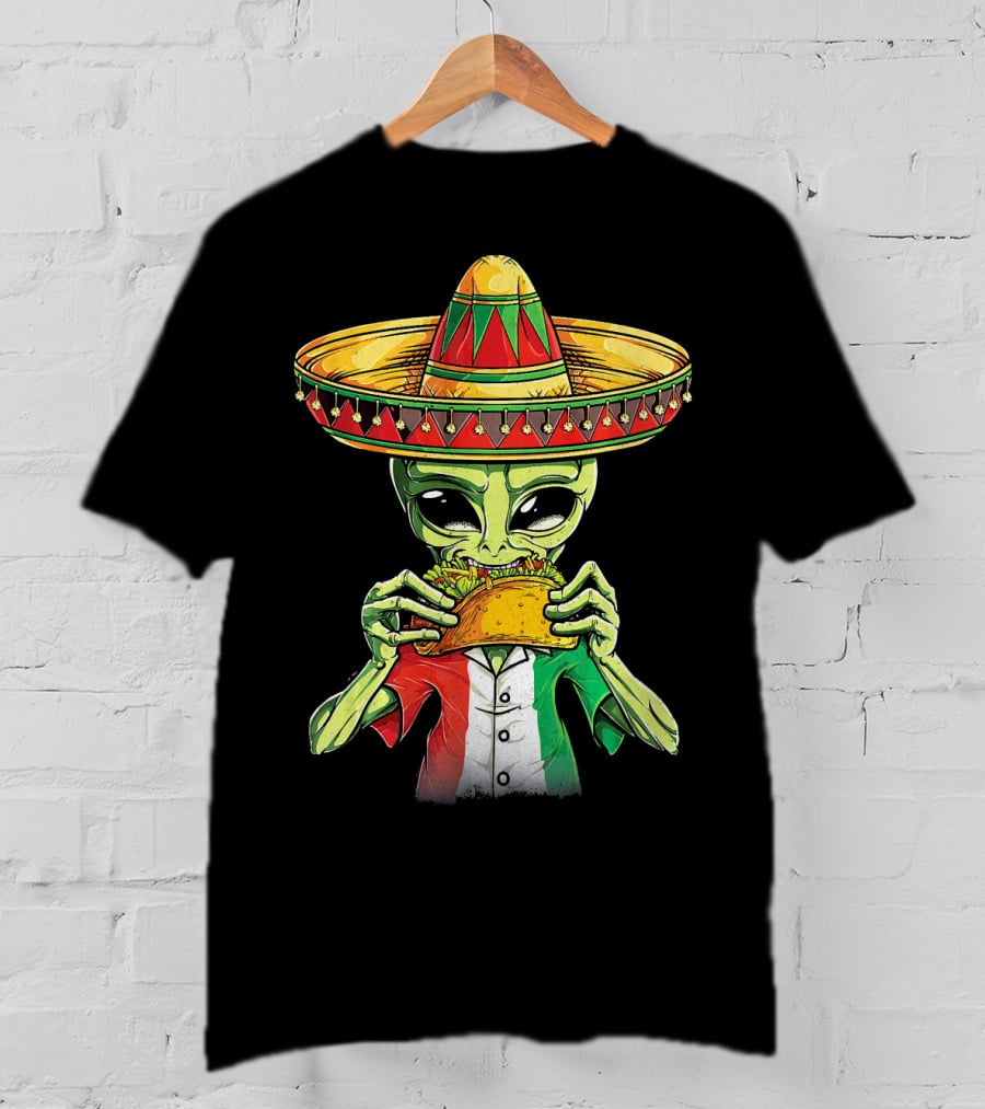 Cinco De Mayo Alien With Sombrero Eating Taco T-Shirt