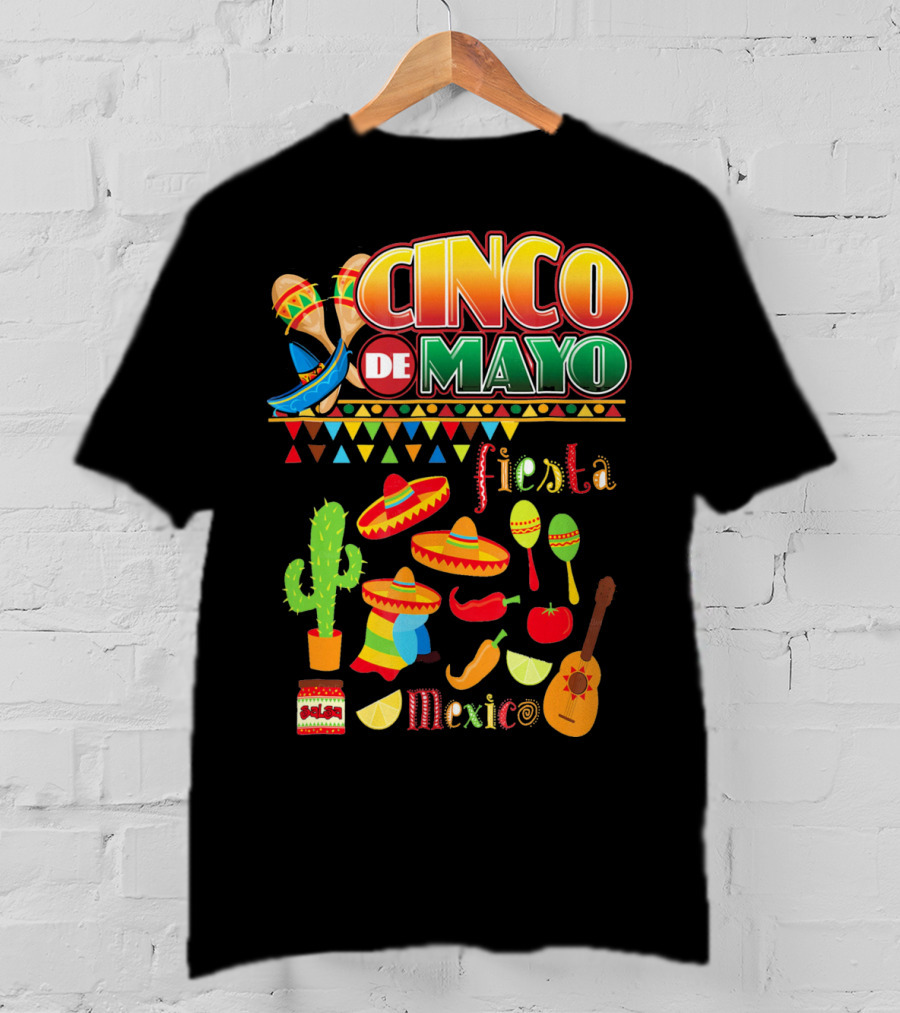 Cinco De Mayo Fiesta Mexico Cactus Sombrero Maracas Guitar Lime Chilli Peppers Icons T-Shirt