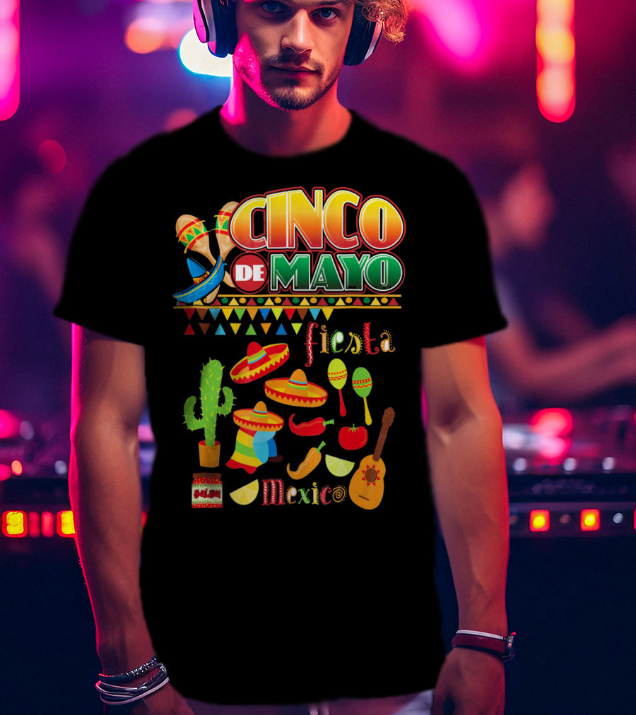 Cinco De Mayo Fiesta Mexico Cactus Sombrero Maracas Guitar Lime Chilli Peppers Icons T-Shirt