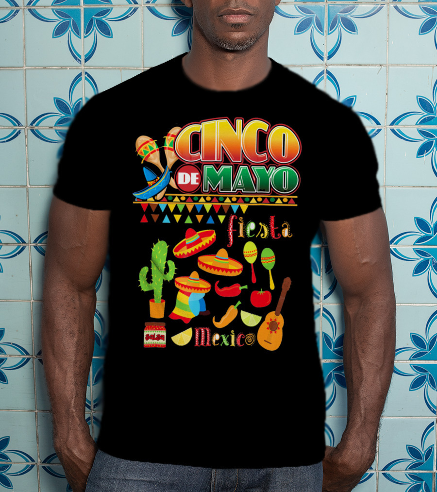 Cinco De Mayo Fiesta Mexico Cactus Sombrero Maracas Guitar Lime Chilli Peppers Icons T-Shirt