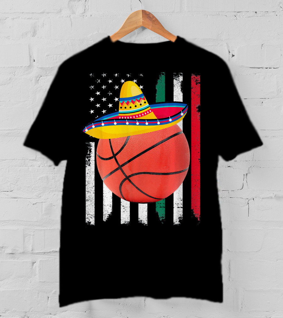 Cinco De Mayo Basketball Sombrero USA Mexico Flag T-Shirt