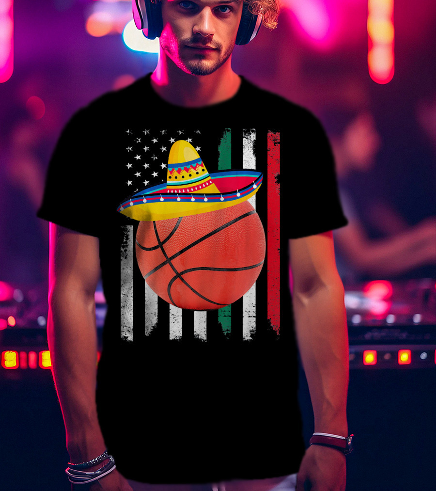 Cinco De Mayo Basketball Sombrero USA Mexico Flag T-Shirt
