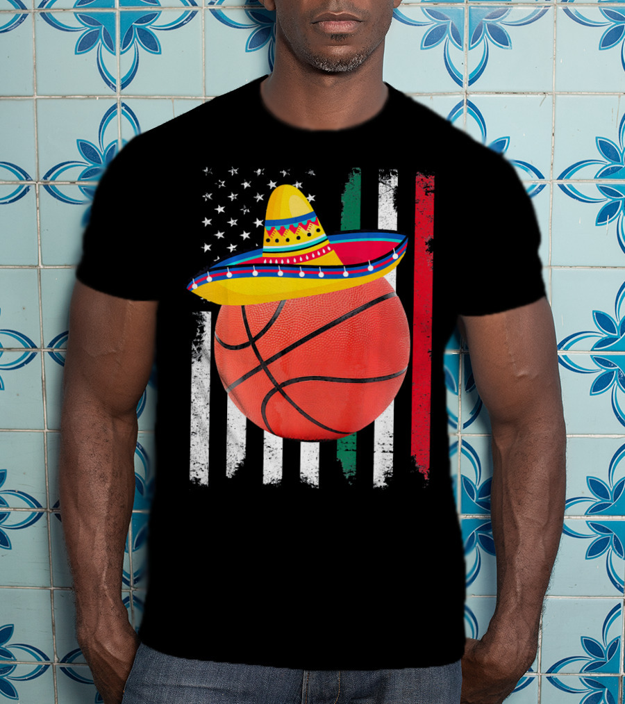 Cinco De Mayo Basketball Sombrero USA Mexico Flag T-Shirt