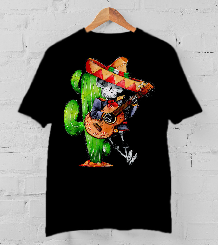 Mexican Independence Cinco De Mayo Mariachi Skeleton With Sombrero And Guitar T-Shirt