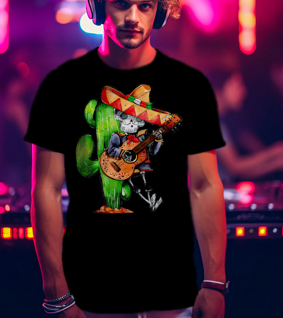 Mexican Independence Cinco De Mayo Mariachi Skeleton With Sombrero And Guitar T-Shirt