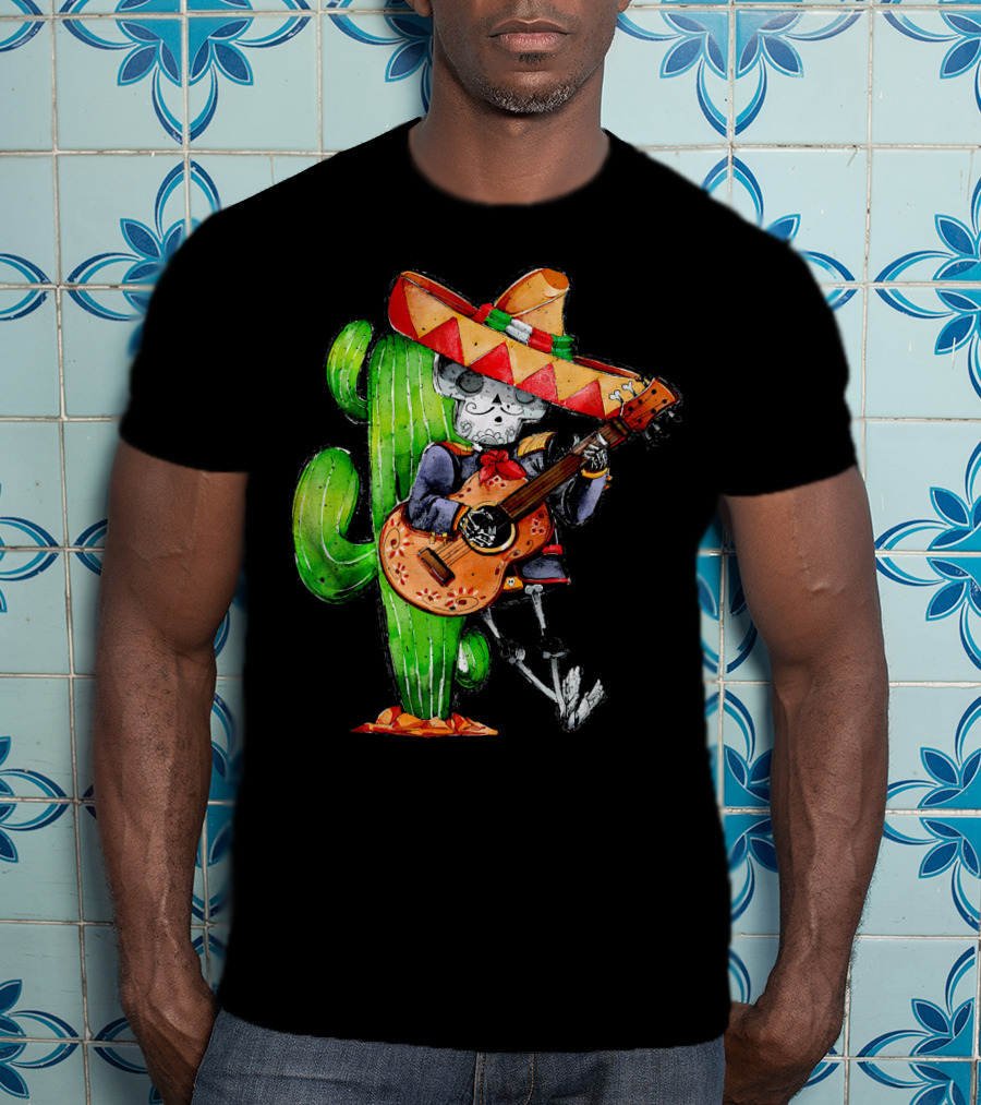 Mexican Independence Cinco De Mayo Mariachi Skeleton With Sombrero And Guitar T-Shirt