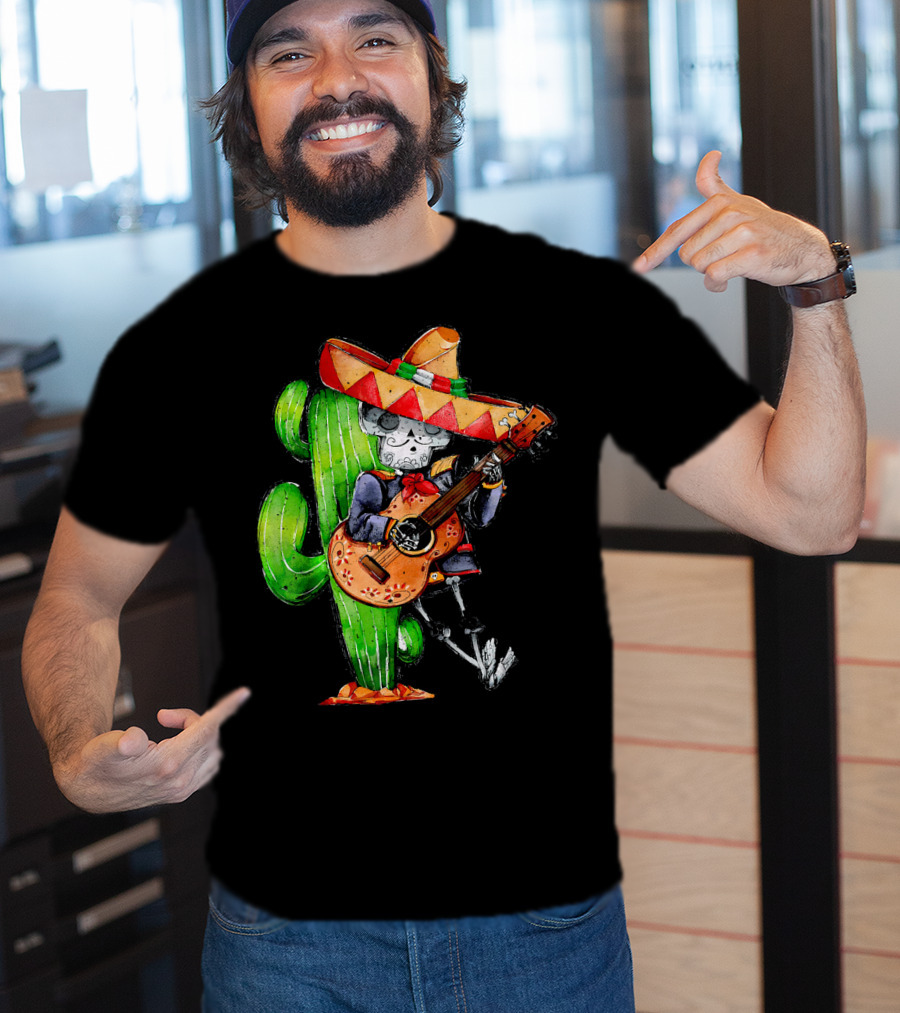 Mexican Independence Cinco De Mayo Mariachi Skeleton With Sombrero And Guitar T-Shirt