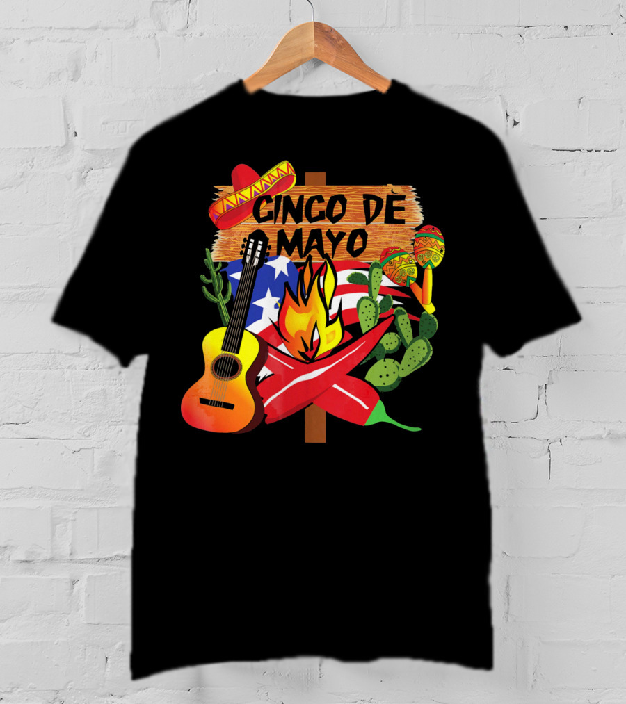 Cinco De Mayo America Loves Mexico With Sombrero Guitar Peppers Cactus And Maracas T-Shirt
