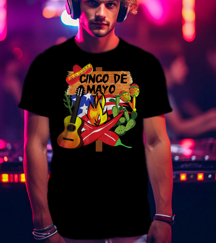 Cinco De Mayo America Loves Mexico With Sombrero Guitar Peppers Cactus And Maracas T-Shirt