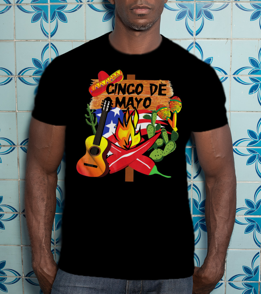 Cinco De Mayo America Loves Mexico With Sombrero Guitar Peppers Cactus And Maracas T-Shirt