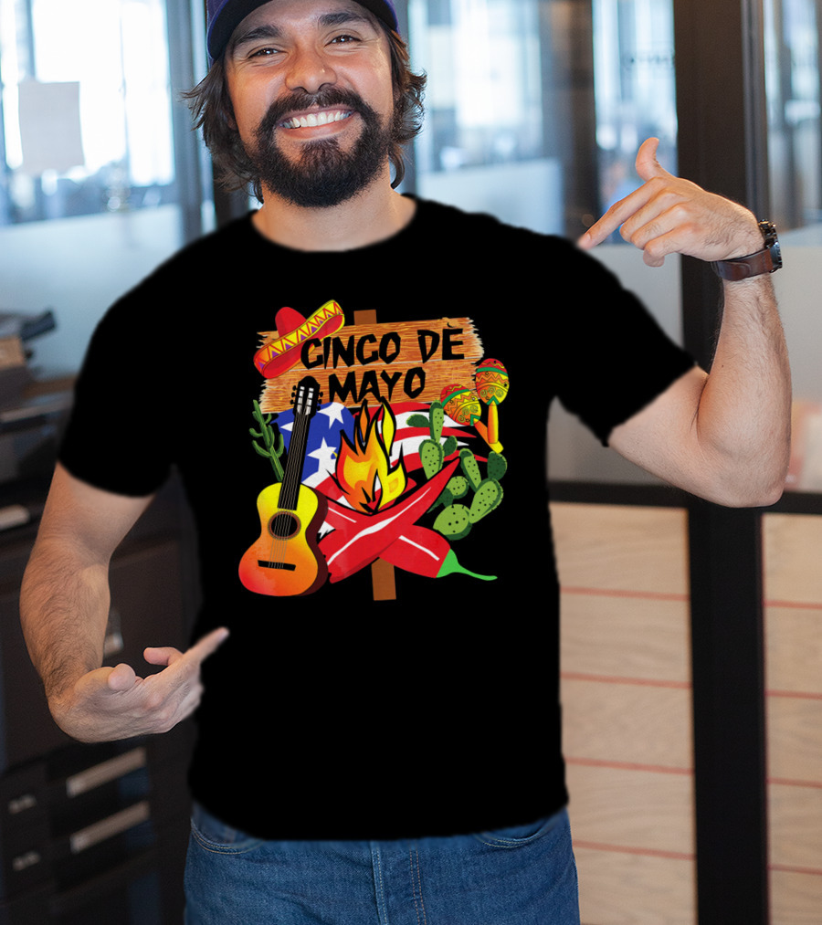 Cinco De Mayo America Loves Mexico With Sombrero Guitar Peppers Cactus And Maracas T-Shirt
