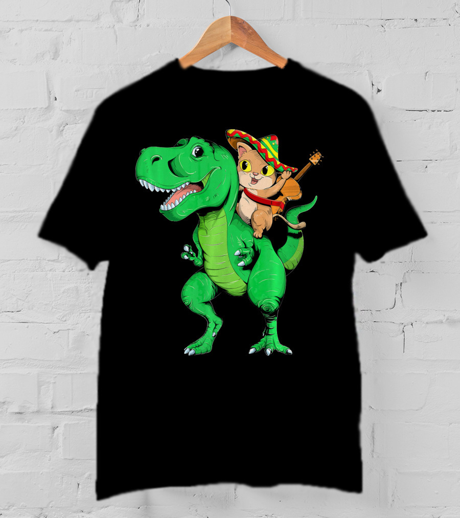 Cinco De Mayo Cat With Sombrero Riding T-Rex T-Shirt