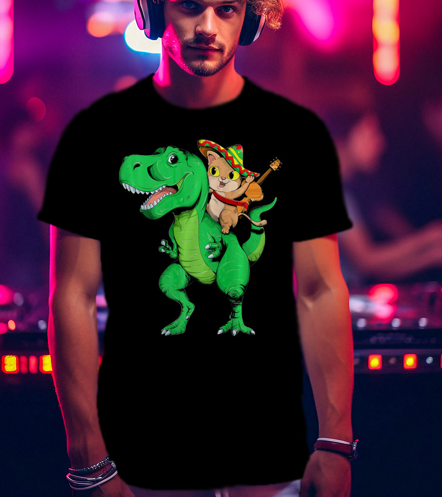 Cinco De Mayo Cat With Sombrero Riding T-Rex T-Shirt