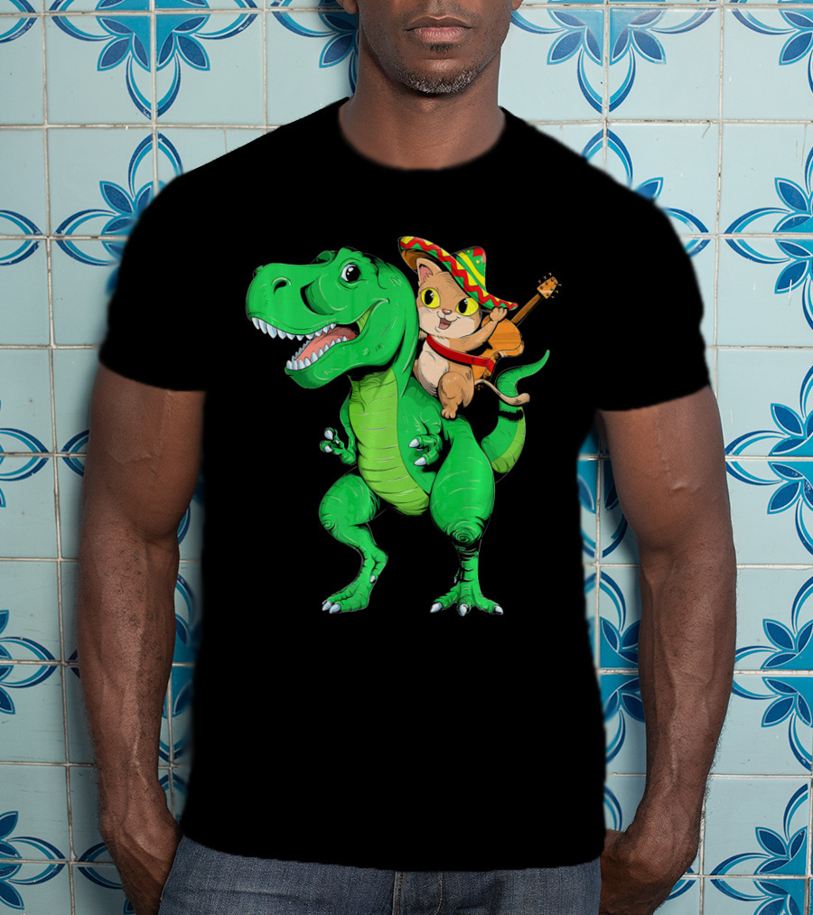 Cinco De Mayo Cat With Sombrero Riding T-Rex T-Shirt