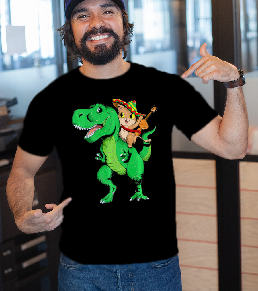 Cinco De Mayo Cat With Sombrero Riding T-Rex T-Shirt